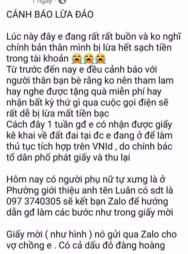 Hình ảnh bài đăng cảnh báo của nạn nhân về thủ đoạn mạo danh cán bộ phường để lừa đảo chiếm đoạt tài sản.