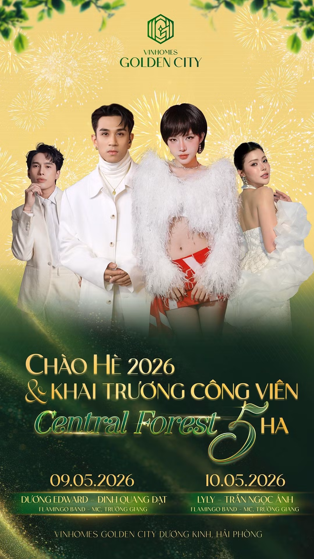 Chuỗi sự kiện Chào hè 2026 tại Vinhomes Golden City, diễn ra trong hai ngày 09-10/5, sẽ có sự góp mặt của dàn nghệ sĩ nổi tiếng