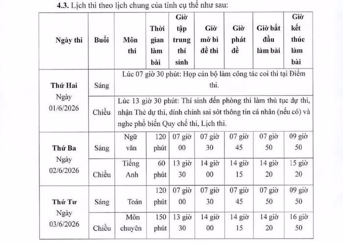 Lịch thi tuyển sinh lớp 10 chung của tỉnh An Giang năm học 2026 - 2027 giúp học sinh chủ động thời gian ôn tập.