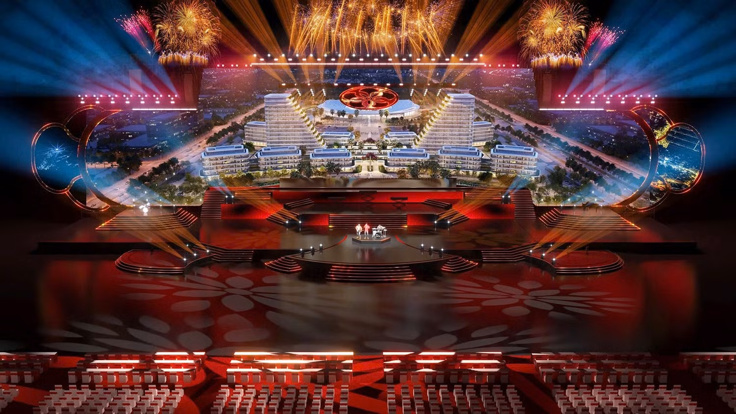 Mô phỏng sân khấu đêm khai mạc Lễ hội Hoa Phượng Đỏ - Hải Phòng 2026 với công nghệ AR và LED hiện đại.