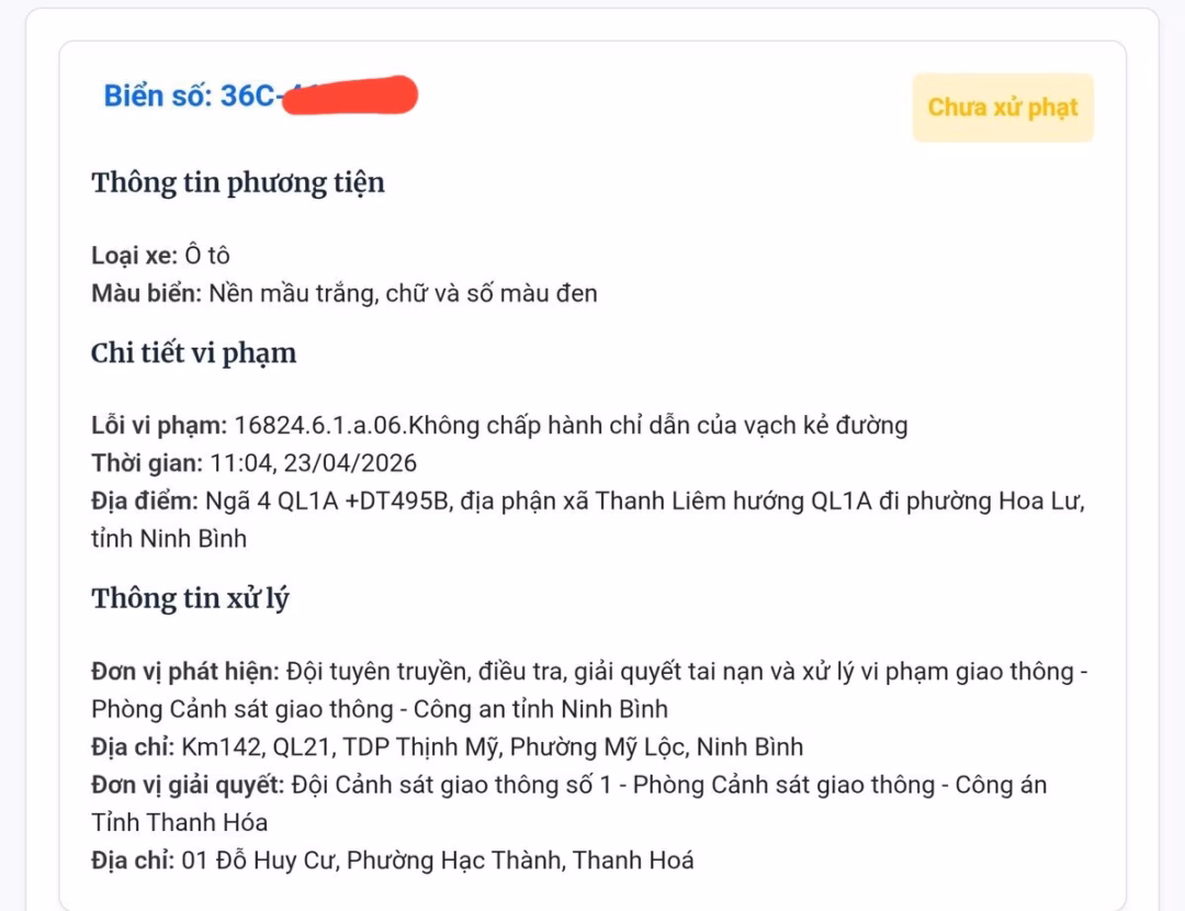 Thông báo phạt nguội hiển thị chi tiết thời gian, địa điểm và hành vi vi phạm