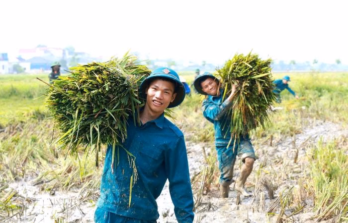 Những nụ cười rạng rỡ giữa cánh đồng mùa vàng thể hiện tinh thần trách nhiệm và sẻ chia với người dân.
