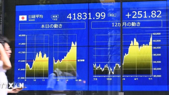 Bảng chỉ số chứng khoán tại Tokyo (Nhật Bản). Ảnh: Kyodo/TTXVN