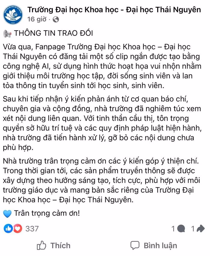 Thông tin trao đổi từ fanpage nhà trường sau khi có phản ánh dùng hình ảnh có dấu hiệu xâm phạm sở hữu trí tuệ