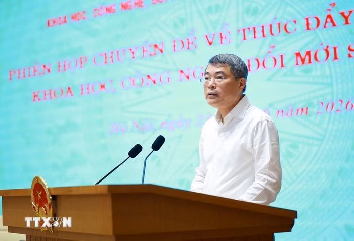 Thủ tướng Lê Minh Hưng phát biểu tại Phiên họp chuyên đề về thúc đẩy phát triển khoa học, công nghệ, đổi mới sáng tạo. Ảnh: Dương Giang/TTXVN
